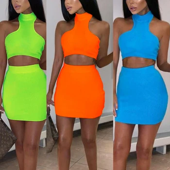 

Womens Summer 2 Piece Clothes Sets Halter Neck Crop Top Tank Top Vest and Skirt Set Beach Holiday Wear Female Clothing