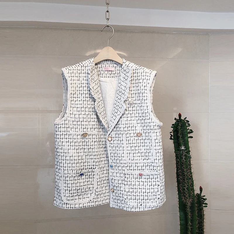 

Spring Autumn Winter Tweed Vest Women Runway Designers Luxury High Quality Vintage Wool Double Breasted Sleeveless Coat Outwear