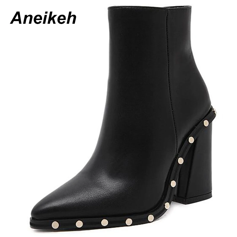 

Aneikeh Sexy Rivet High Heels Boots Women Pointed Toe Ankle Boots PU leather Zippe Shoes Woman Autumn Winter Booties Black