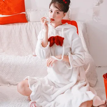 

Winter bow cute sleep dress female japan style flannel thicken nightgowns 2019 new pricess home clothes gx1435 free shipping