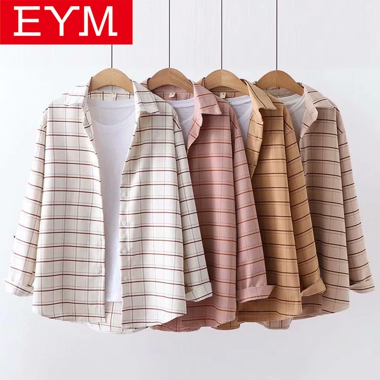 Günstig EYM Marke Plaid Shirt Frauen 2019 Frühling Neue Frauen Bluse Baumwolle Langarm Dame Lose Beiläufige Hemd Blusen Weibliche Kleidung tops
