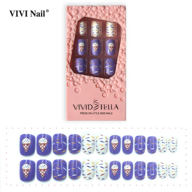 

Pre-glue Ice cream False Nails With Design 30PCS Press on Purple Sweet Fake Nail Tips ABS Girl Kids DIY Nail Art