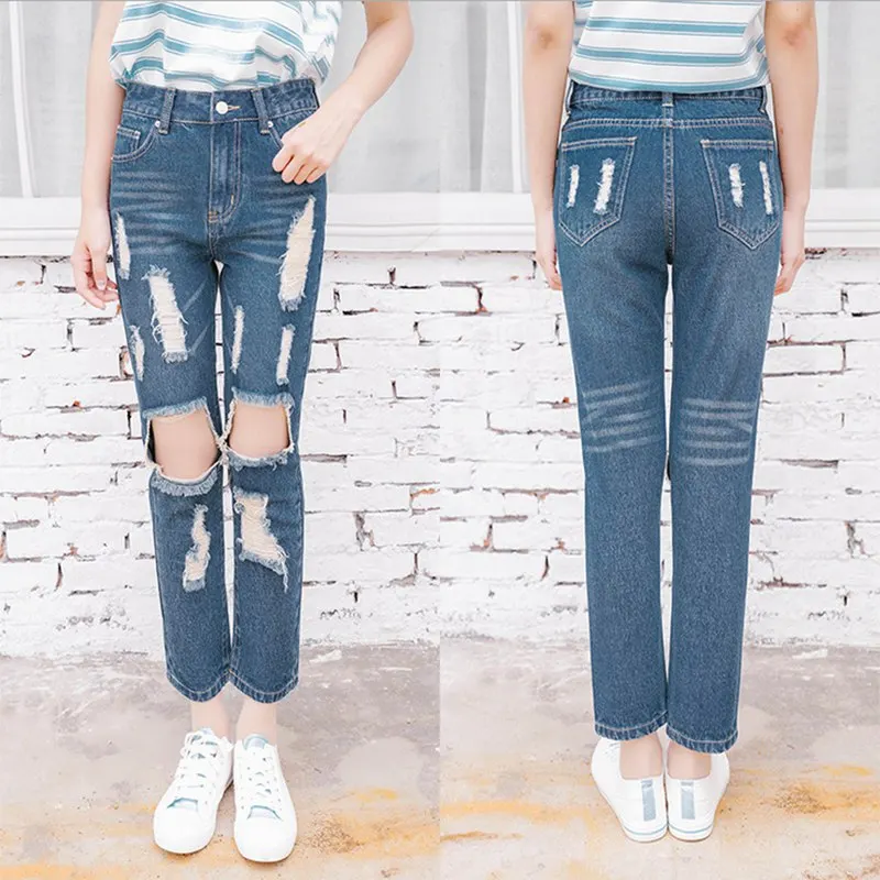 

2016 New Fashion women jeans woman Light Blue Solid Novelty Skinny Full length ripped jeans For Sexy girl
