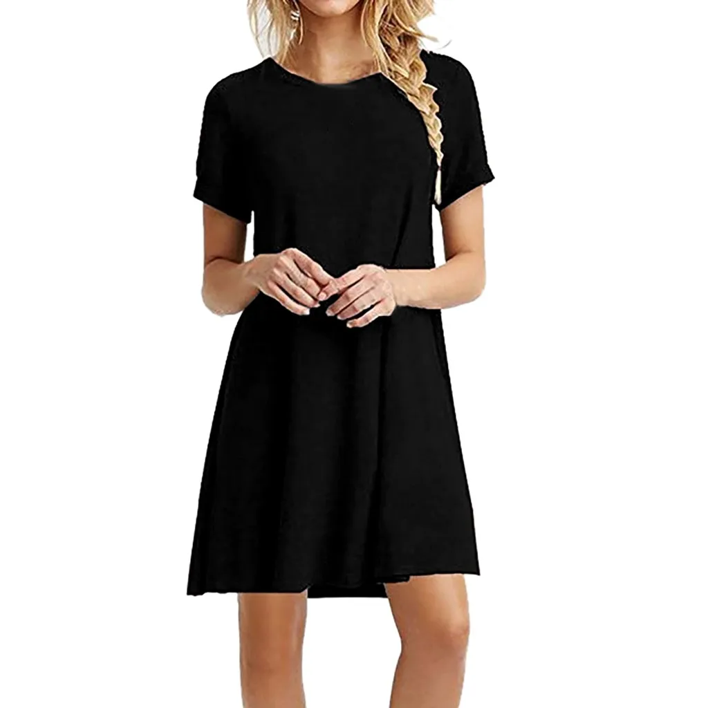 

Fashion Womens Solid O-Neck Short Sleeve Casual Swing Loose Dress
