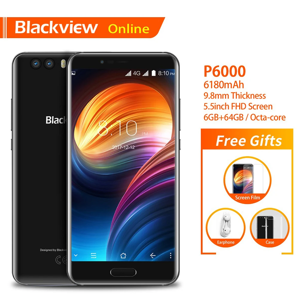 

Blackview Original P6000 5.5" Mobile Phone 6GB+64GB Helio P25 Face ID 21.0MP Camera 6180mAh Battery 4G Dual SIM Slim Smartphone