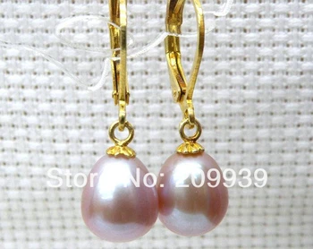 

hj 00225 7 9*10mm drop AAA+++ lavender pink akoya pearl dangle earring 14K yellow gold
