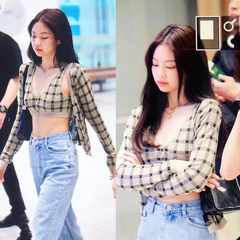 Kpop Blackpink JENNIE same Новые повседневные вязаные клетчатые толстовки Женская Корейская Уличная Сексуальная свободная толстовка женская одежда