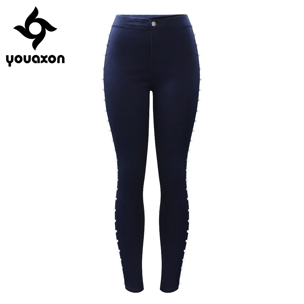 

2179 Youaxon New Navy Blue High Waisted Vintage Side Pearls Jeans Woman Stretchy Denim Pants Trousers For Women Skinny Jeans