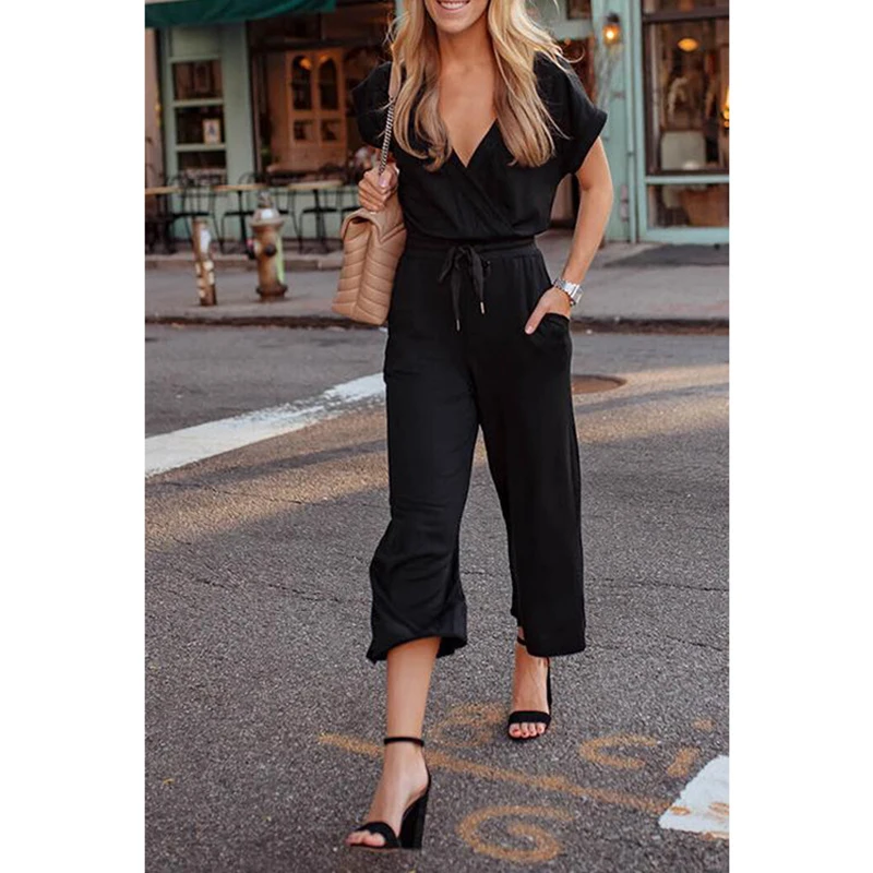 

Casual rompers womens jumpsuit Short Sleeve V Neck Bandage overalls Solid Black Hight Waist Long Pants romper women overol mujer