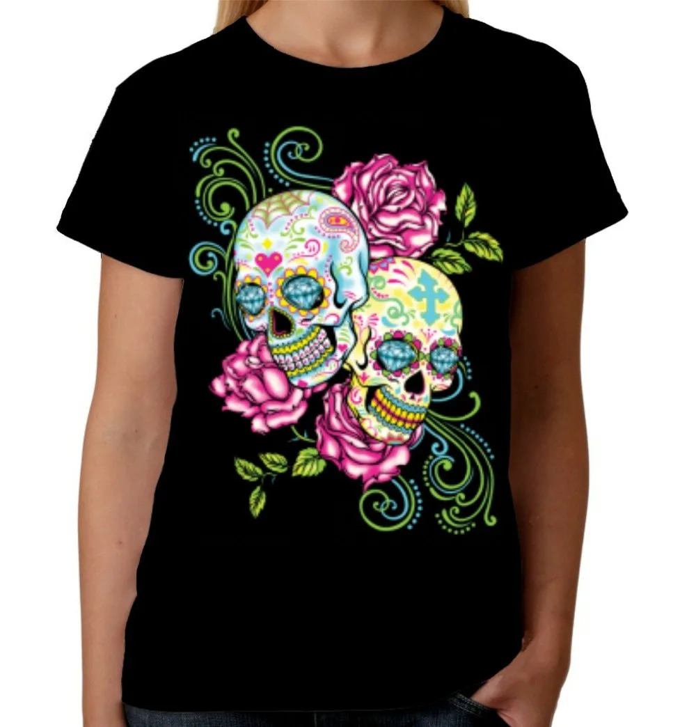 

Ladies T-Shirt Pretty Tattoo Skulls Dia De Los Muertos Day Dead Men Designer Clothes O-Neck Style Hip-Hop Tops Shirts