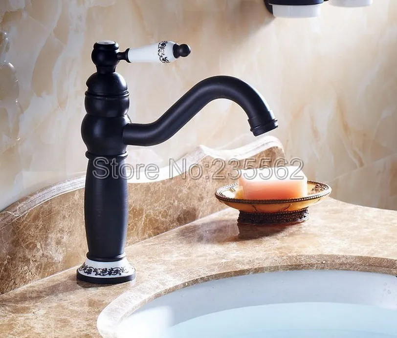 Modern Siyah Yağ Ovuşturdu Bronz Döner Banyo Musluk Seramik Kolu Lavabo Mikser Lavabo Bataryası Güverte Üstü Dokunun lnf507
