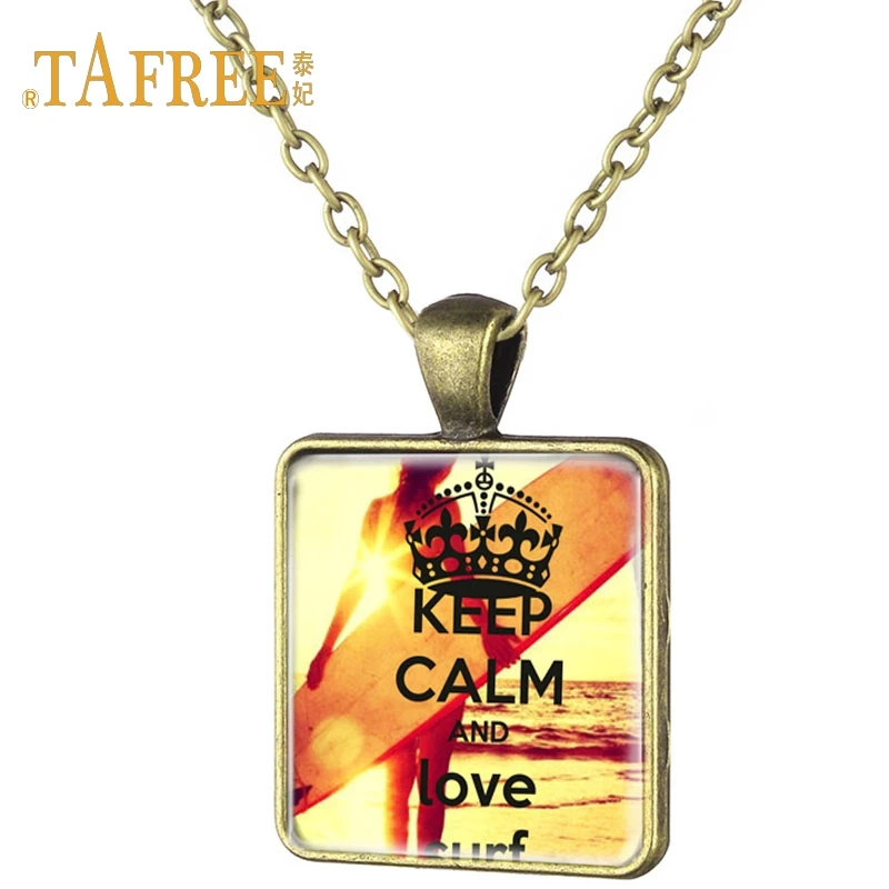 

TAFREE Vintage surf art picture Square Pendant Necklace Antique bronze plating Necklace For Men gift jewelry SF34