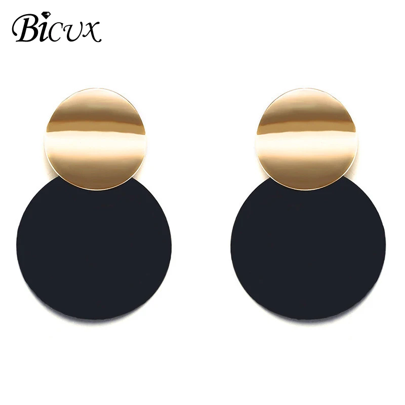 

BICUX Unique Black Stud Earrings Trendy Gold Color Round Metal Statement Earrings for Women New Arrival Fashion 2019 Jewelry