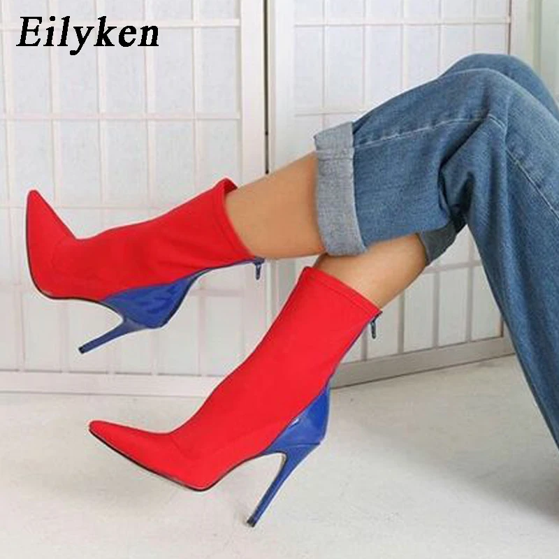 

Eilyken Autumn Winter Socks Boots Pointed Toe High Heel Boots Sexy Ankle Boots For Woman 2018 New Stretch Fabric Women Boots