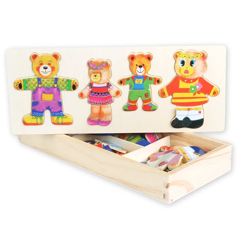 

Chanycore Baby Learning Educational Wooden Toys Puzzle Jigsaw Board 4 Bear Dress Changing Matching Enlightenment Kids Gifts 4040