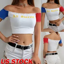 2019 летняя Женская Сексуальная футболка с открытыми плечами с буквами Тонкий Топ с рукавом укороченные топы Женская хлопковая Футболка