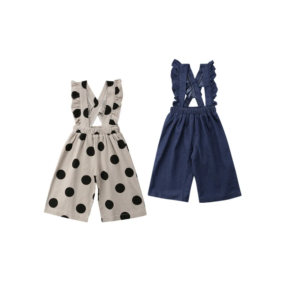 

2018 Kids Baby Girls Denim Overalls Ruffle Strap Romper Polka Dot Denim Jumpsuit Pants Outfit Summer Clothes