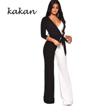 Kakan spring new women's jumpsuit black and white colorblock jumpsuit sexy wide-leg jumpsuit female bardot frill trim wide leg jumpsuit