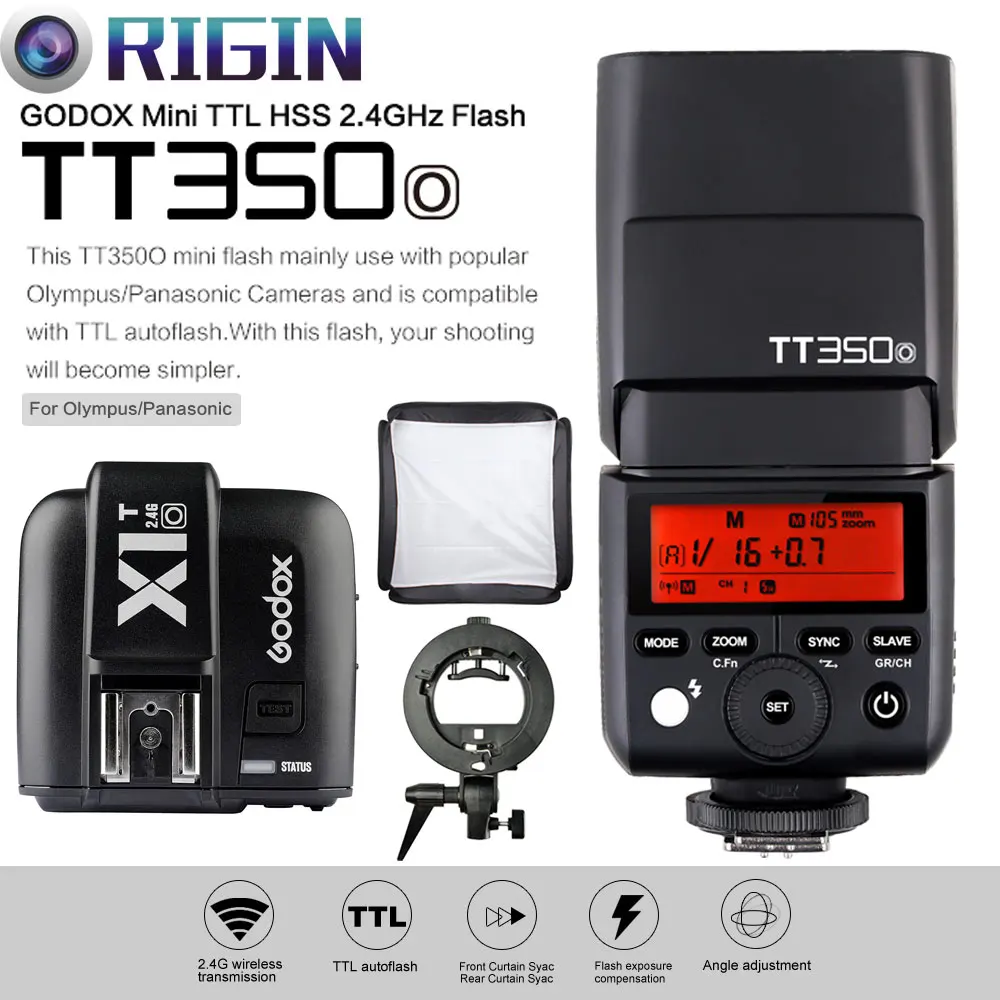 

Godox Mini Speedlite TTL TT350O HSS 1/8000s GN36+2.4G wireless Trigger X1T-O+S-type Bracket+Softbox Kit For Olympus/Panasonic