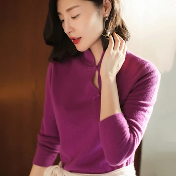 

New Pere Noel Women Winter High Street Fashion Mandarin Collar Solid 100%Cashmere Knitted Sweater Female Elegant Button Sweater