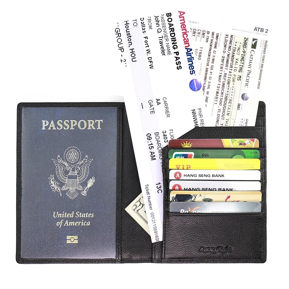NFC RFID Blocking Travel Passport Wallet Holder Case Genuine Leather Bifold Black Red (1)