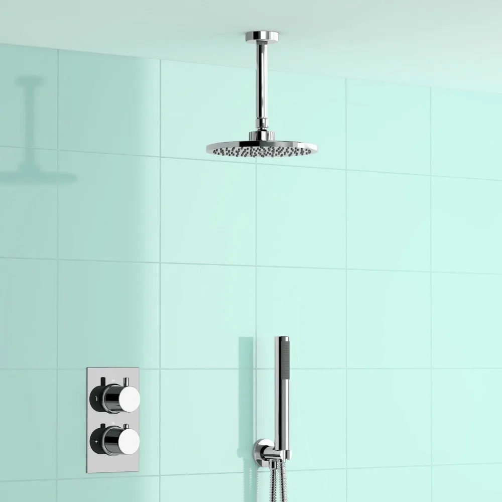 

Round 8" Ceiling Mount Mixer Shower Head Thermostatic Bathroom Diverter