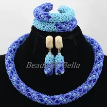 Lovely Braid Choker Necklace for Women Nigerian Wedding Party Blue Crystal Beads Bridal Lace Jewelry Sets Free Shipping ABK807