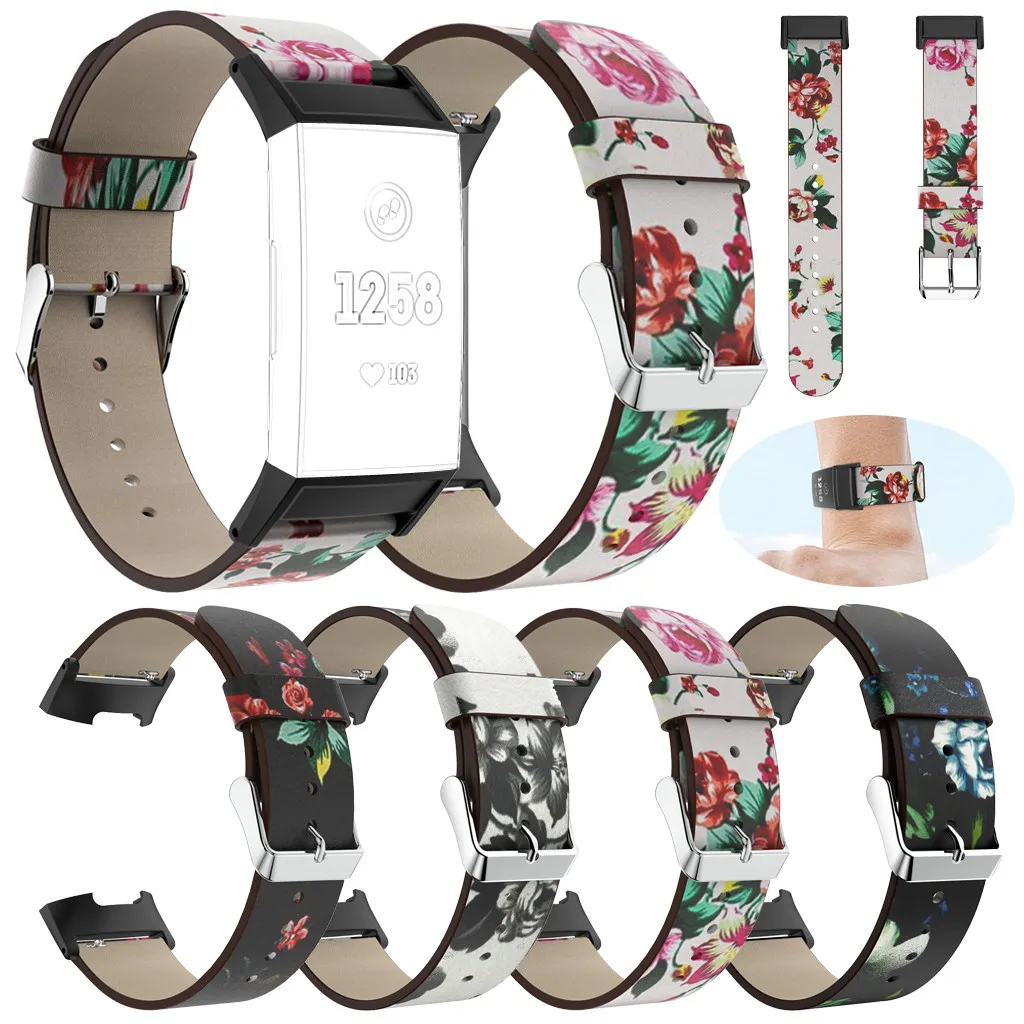 

Hot SmartWatch Smart watch Strap Smartband mi band Printing Leather Straps Replacement Watch Band For Fitbit Charge 3 Wristband