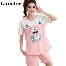 Lacontrie повседневные пижамы Женская летняя обувь из хлопка с короткими рукавами Шорты свободные свежий студенты два комплекта хлопоковый домашний костюм N004
