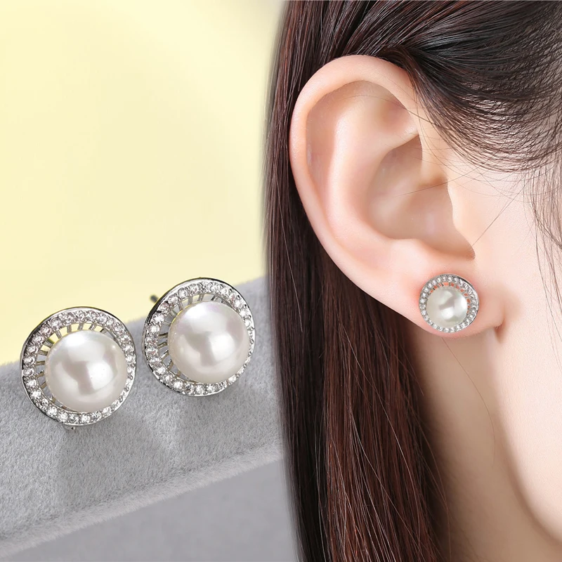 

latest Arrival Sliver Color Crystal Zircon Round Stud Earrings Imitation Pearl Wedding Jewelry