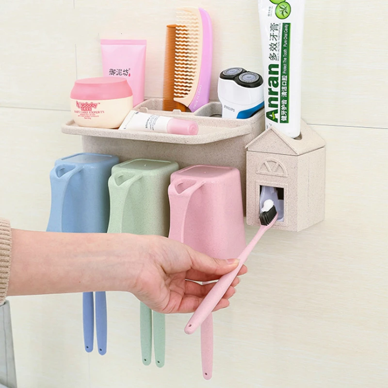 

Fashion Automatic Toothpaste Dispenser +Toothbrush Holder Set Bathroom Set Wall Mount Rack Bath Oral With 3 Wash Cup