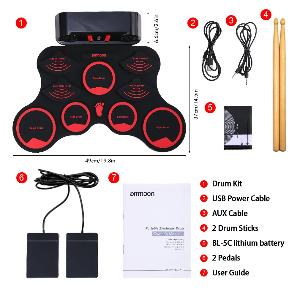 

ammoon Portable Electronic Drum Set Digital Roll-Up MIDI Drum Kit 9 Silicon Durm Pads Built-in Stereo Speakers Lithium Battery