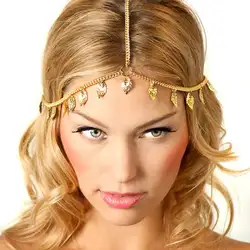 Для женщин и девушек; винтажные из металлического сплава цепочка на голову повязка в богемском стиле с золотистыми листьями; Ленточки