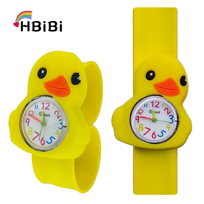 

Hot selling Children watch for boys girls students clock child gift cartoon yellow duck Silicone Tape patted table kids watches