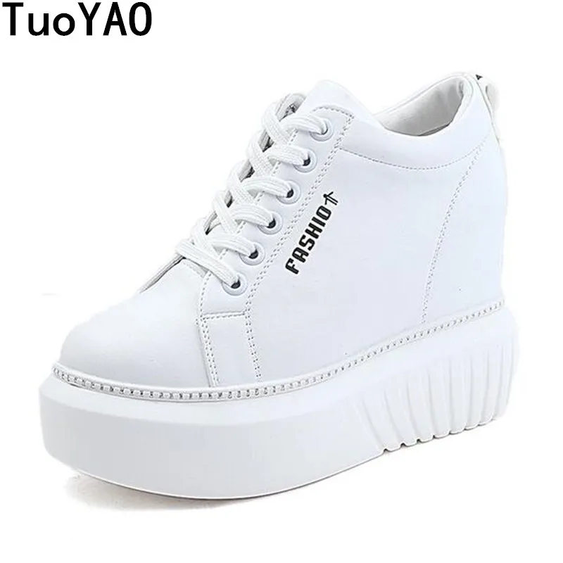 Fashion Lady White High Heel Wedge Sneakers Breathable PU Shoes Women ...