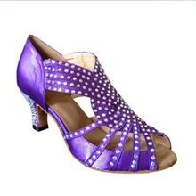 Новые женские фиолетовые атласные танцевальные туфли со стразами для сальсы обувь для латинских танцев туфли для танго бальных танцев для женщин