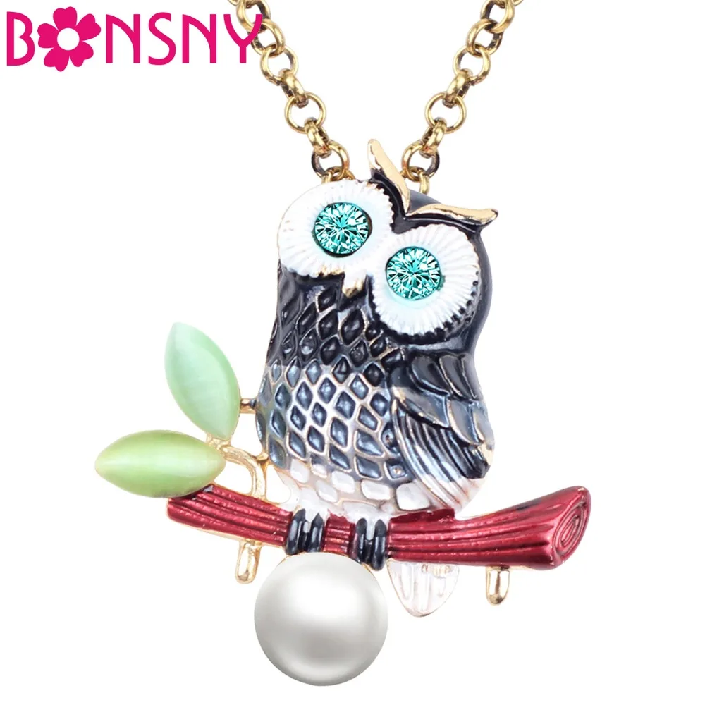 

Bonsny Enamel Rhinestone Pearl Novelty Owl Bird Necklace Pendant Chain Choker Animal Alloy Jewelry For Women Girls Ladies Bulk