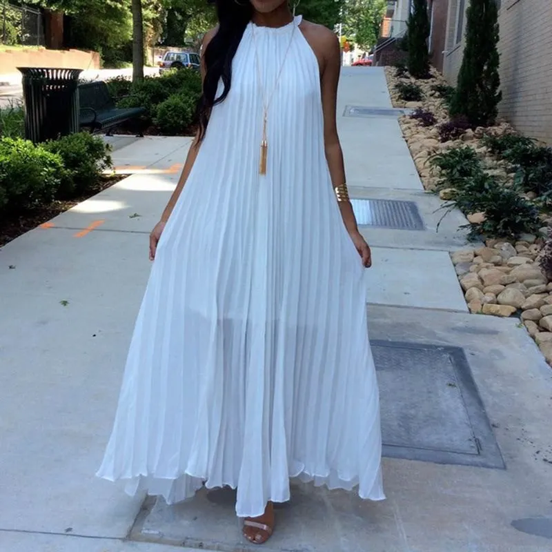 

Beach Boho Sexy Women Halter Sleeveless Hem Maxi Dress Summer Loose Dress Solid Pleated Long Dresses