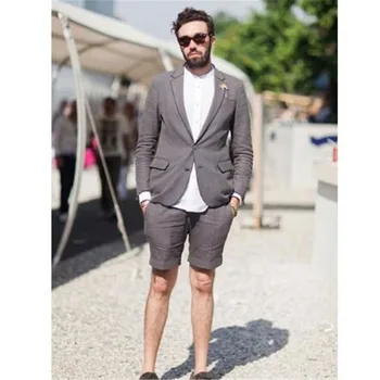

2018 New Arrival Grey Linen Men Suit Short Pant Casual Summer Suits Slim Fit 2 Piece Tuxedo Terno Masculino (jacket+pant)