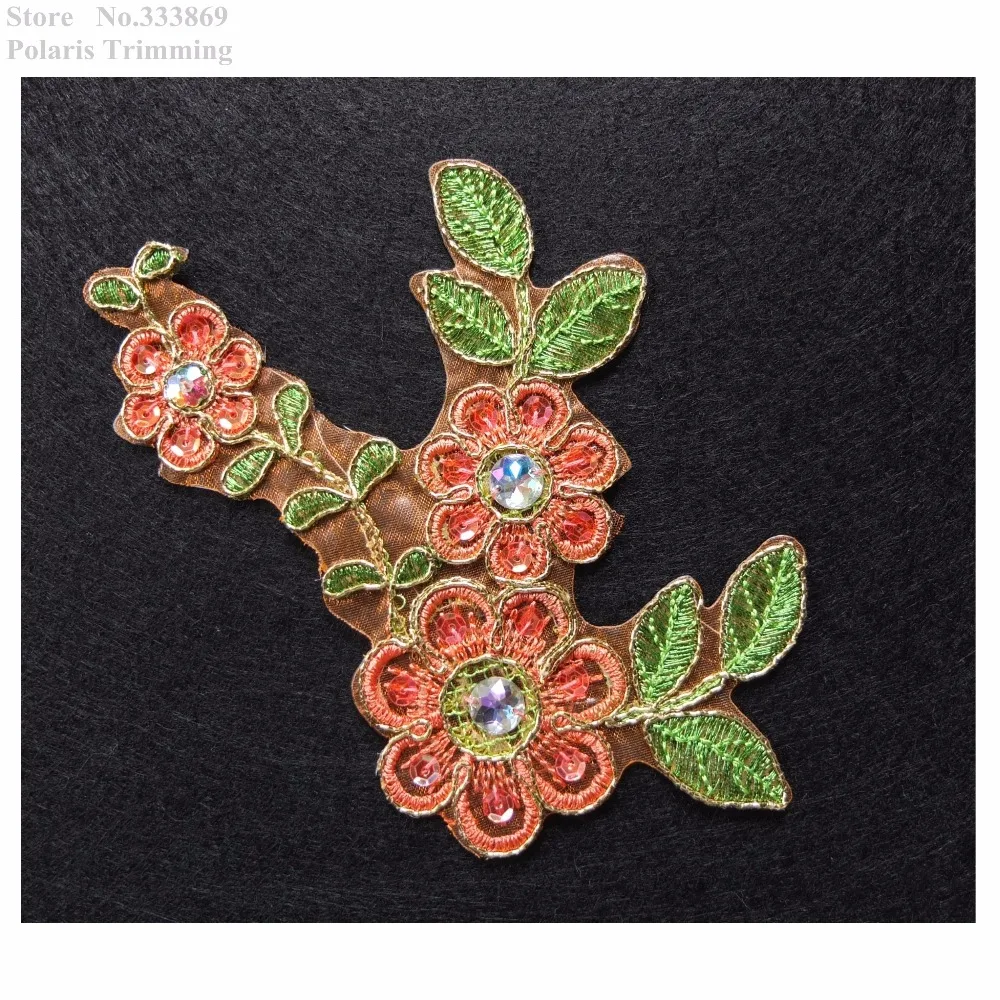 Free Shipping 4pcs/lot x Orange/Gold Flower Embroidery Sequin Beaded Stoned Lace Appliques Trim