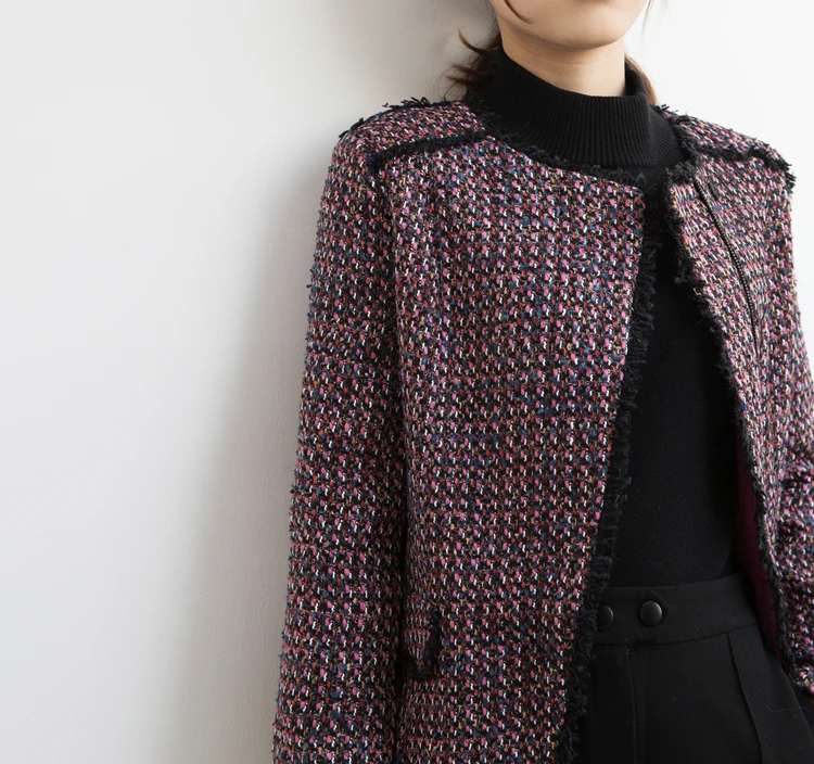 

Wool blend vintage tweed zipper slim jacket coat