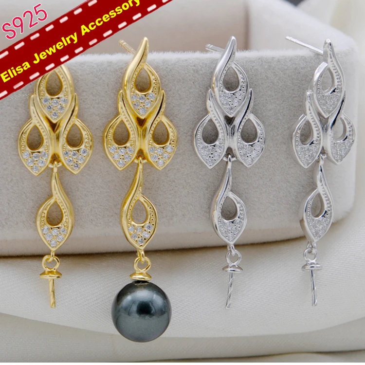 

S925 Sterling Silver Pearl Earrings Findings Elegant Dangle Pearl Earrings Settings Women DIY Earrings Components 3Pairs/Lot