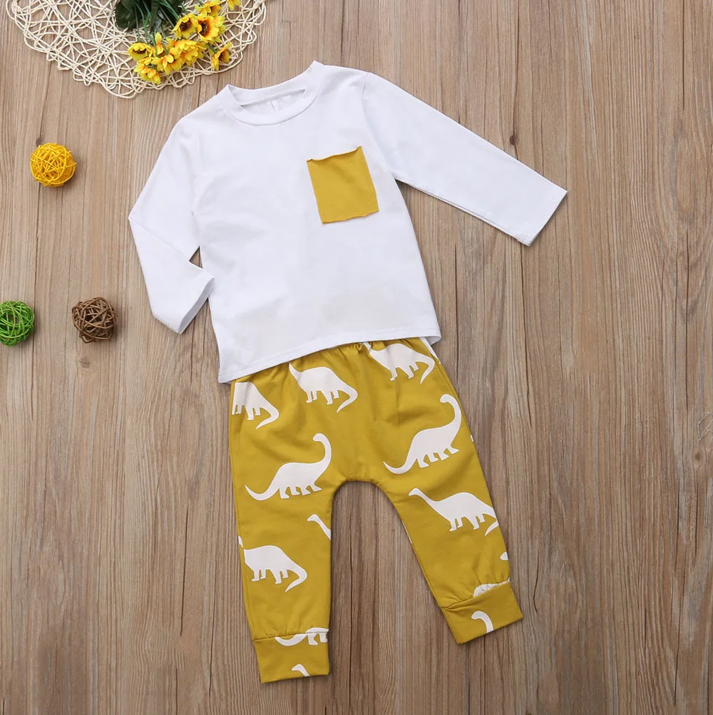 2PCS Kids Baby Boys Outfits Dinosaur Horn Patchwork Long Sleeve T-shirt Pants Set Toddler Autumn Clothes Tracksuit