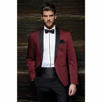 

Fashion Style One Button Burgundy Groom Tuxedos Groomsmen Men's Wedding Prom Suits Bridegroom (Jacket+Pants)