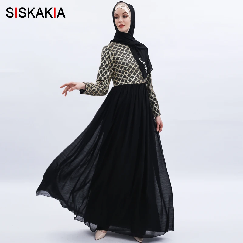 

Siskakia High density chiffon Mesh Sequins Patchwork Maxi Long Dress Turkish Ethnic Islamic A Line Dresses Draped Swing 2019 New