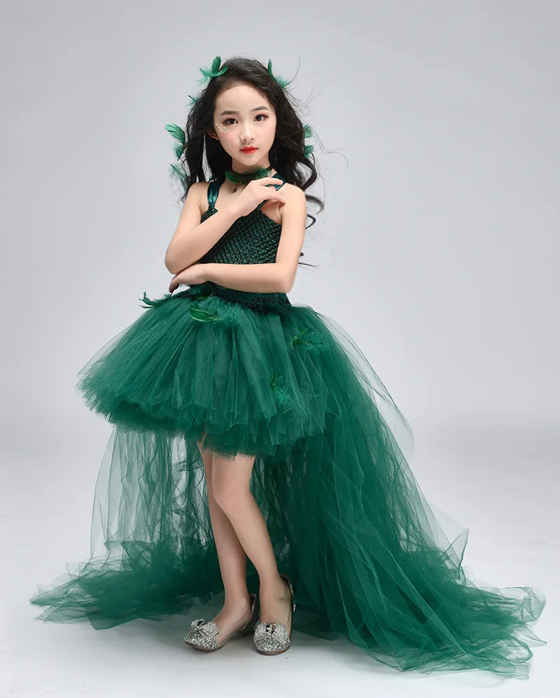 Шикарные детские праздничные платья с зелеными цветами; изумрудные платья-пачки принцессы для девочек со шлейфом; детская одежда для девочек