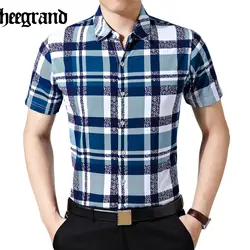 HEE GRAND/Мода 2017 г. плед Для мужчин Повседневное Рубашки Высокое качество отложной воротник короткий рукав мужская рубашка MCS668