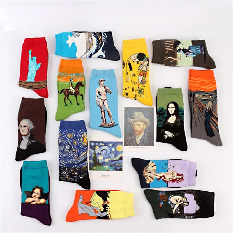 

New 19 Patterns Cotton Famous Painting Printed Character Harajuku Design Women Men Art Socks Clothing Accessories