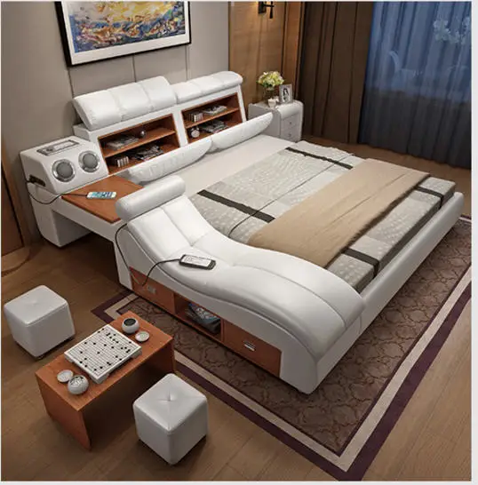 حقيقية إطار سرير جلدي لينة سرير مدلك التخزين آمنة المتكلم مصباح ليد نوم cama muebles de dormitorio/camas الفقرة قورتو