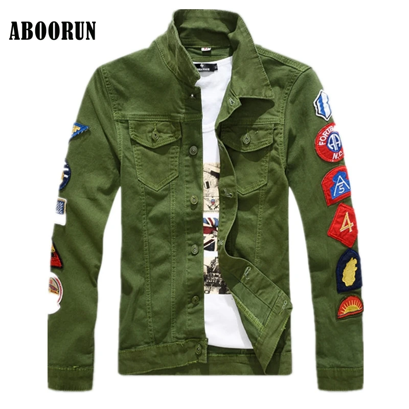 ABOORUN Модные мужские джинсовые куртки пэчворк однобортная джинсовая куртка